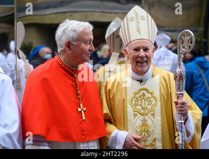 The Most Reverend William Nolan, with Cardinal Vincent Nichols, Archbishop of Westminster, after he was installed as the new Roman Catholic Archbishop of Glasgow during his enthronement ceremony at St Andrew's Cathedral, Glasgow. Picture date: Saturday February 26, 2022. Stock Photo