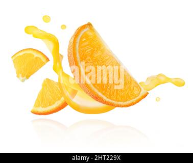 Orange slices floating over juice splashing wave isolated on white background. Stock Photo
