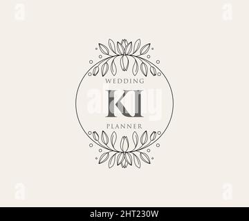 KI Initials letter Wedding monogram logos collection, hand drawn modern minimalistic and floral templates for Invitation cards, Save the Date, elegant Stock Vector