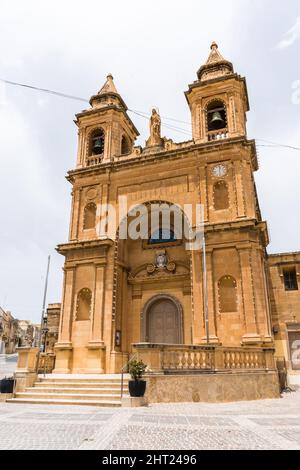 Vertical shot of the Church of our Lady of Pompei. Marsaxlokk, Malta. Stock Photo