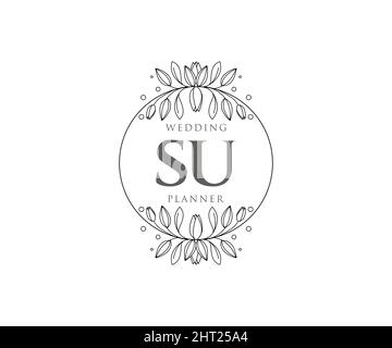 SU Initials letter Wedding monogram logos collection, hand drawn modern minimalistic and floral templates for Invitation cards, Save the Date, elegant Stock Vector