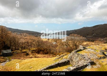 The ruins of a13th century Dolbadarn Castle tower  a Welsh fortress,  built by Llewelyn the Great to control Llanberis mountain pass Stock Photo