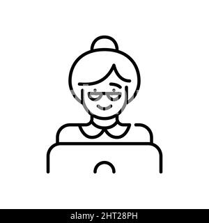 Grandma wearing glasses at a laptop browsing internet or chatting. Senior adult woman. Pixel perfect, editable stroke icon Stock Vector