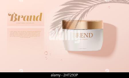 Cosmetic product covered shadow of palm leaf on skin color background. Stock Vector