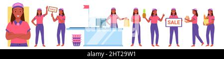 Supermarket or store female employee at work set, woman in uniform greeting people Stock Vector