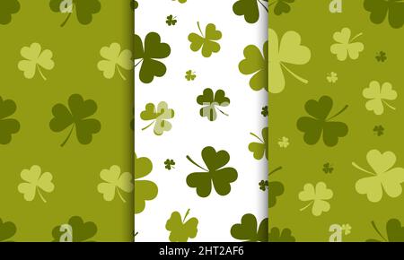Set of Patrick day seamless patterns with shamrock. Cute festive backgrounds for irish holiday. Vector illustration in flat cartoon style. Perfect for Stock Vector