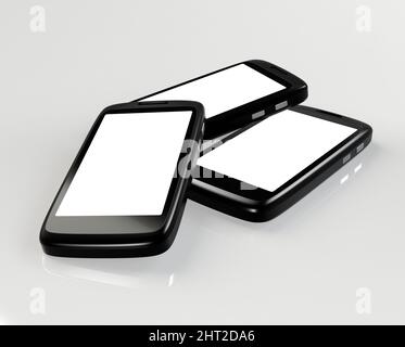 Blank screens on smartphones. Shot of three smartphones with blank screens for copyspace. Stock Photo
