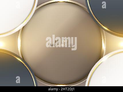 Abstract elegant white and black circle with golden lines rounded and light sparking on clean background luxury style. Vector graphic illustration Stock Vector