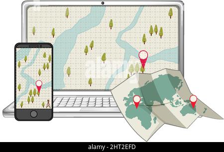 Laptop computer with map and pin location  illustration Stock Vector