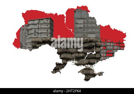 Ukraine, trench warfare, bombed-out buildings and sandbags. Map of Ukraine. War activity. Kiev, resistance and fighting in the streets of the city Stock Photo