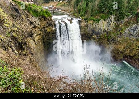 Roaring and misty Snoqualmie Falls in Washington State. Stock Photo