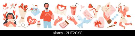 Cartoon cute gift and envelope with hearts and ribbon in hands, flowers and balloons, funny cupid angel with bow isolated on white. Love, decoration Stock Vector