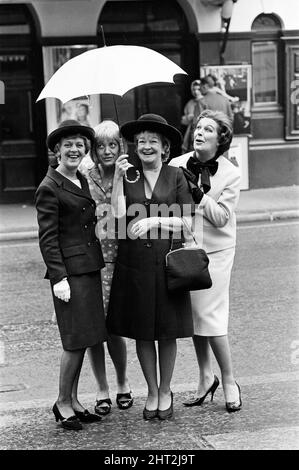 The stars of 'The Killing of Sister George' posing outside the St Martin's Theatre on St Martin's Lane, they are Lally Bowers, Eileen Atkins, Beryl Reid and an unnamed actress. 16th June 1965. Stock Photo