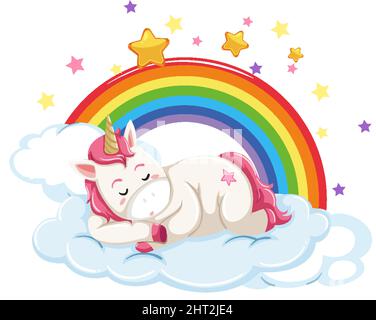 Little unicorn lying on a cloud with rainbow illustration Stock Vector