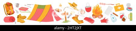 Cartoon campsite with tent and campfire for cooking, yellow hat and rucksack, compass isolated on white. Outdoor activity concept. Camp hiking Stock Vector