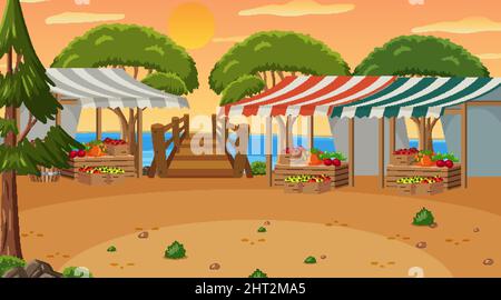 Medieval town scene with villagers at the market place illustration ...