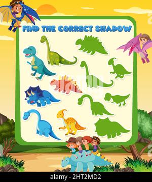 Find the correct shadow game template of dinosaur illustration Stock Vector