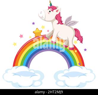 Pink pegasus walking on rainbow in cartoon style illustration Stock Vector