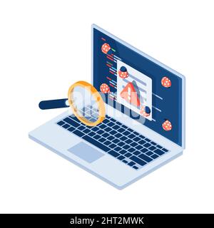 Flat 3d Isometric Magnifier Scanning Bug in The Programming Code. Software Testing and Computer Programming Concept. Stock Vector