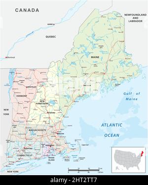 vector road map of the six new england states, united states Stock Vector