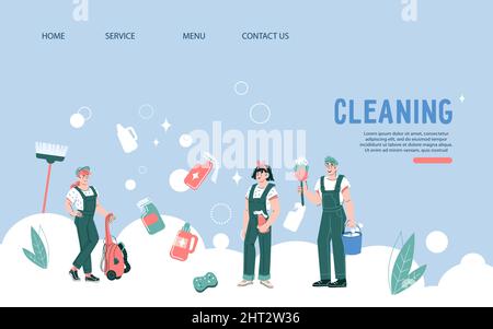 Cleaning service website template with cartoon cleaners, cartoon flat vector illustration on blue background. Web banner or landing page for cleaning Stock Vector