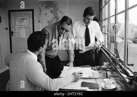 The air search for the missing pleasure boat Darlwyne. Some of the search crew being briefed at air control at St Just Airport. The Darlwyne sunk on the 31st July 1966, which led to the loss of 31 lives and the wreck of the boat was never found. The bodies of only 12 of the 31 people on board were ever recovered. 5th August 1966. Stock Photo