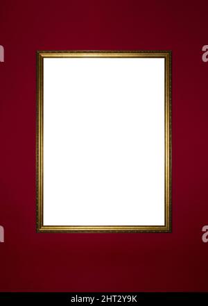 The blank looks like a golden frame of an old painting on a red background. Empty space for a layout. Stock Photo