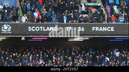 BT Murrayfield Edinburgh.Scotland.UK 26th Feb 22 Scotland vs France Guinness Six Nations match . Murrayfield Scoreboard. Credit: eric mccowat/Alamy Live News Stock Photo