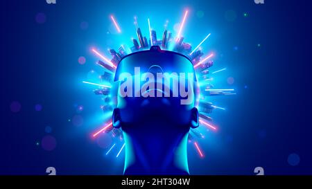 VR and AR technology futuristic concept. Man wearing 3d VR headset glasses looks up in cyberspace of metaverse. Virtual reality or Augmented reality Stock Vector