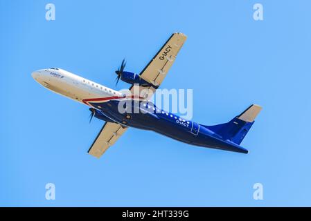 Eastern Airways ATL 72-600 G-IACY departing Belfast City Airport, Northern Ireland Stock Photo