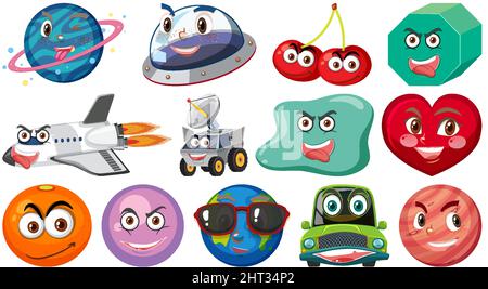 Set of different toy objects with smiley faces illustration Stock Vector