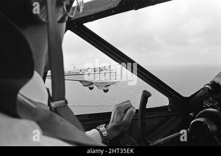 An air search for the missing pleasure boat Darlwyne. Three Rapide aircrafts set off from Jersey to search the French coast off Brest. The Darlwyne sunk on the 31st July 1966, which led to the loss of 31 lives and the wreck of the boat was never found. The bodies of only 12 of the 31 people on board were ever recovered. August 1966. Stock Photo