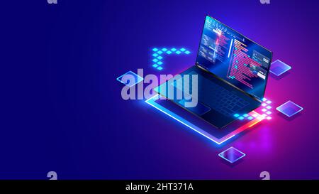 Software development. Programming, coding and software testing on laptop. Laptop hanging over table with program code on the screen. Digital Computer Stock Vector