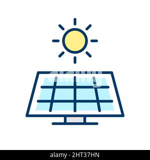 Solar panel color line icon. Sun as alternative electrical energy resource. Renewable, sustainable, eco friendly energy. Cartoon outline . Vector Stock Vector