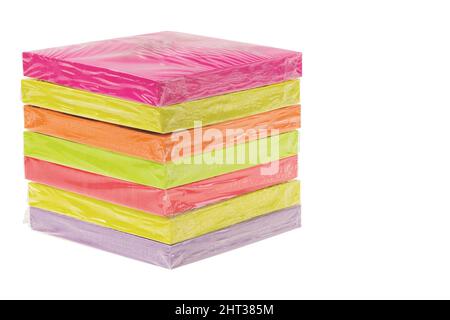 Close up view of multi colored postal note packages on white background. Stock Photo