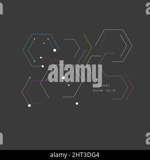 Pieces contours of hexagons on dark background. Technological drawing in minimal style Stock Vector