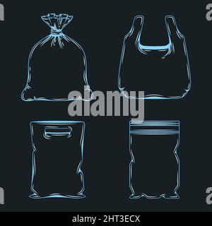 Set of blue illustrations with shadow from plastic bags, packaging. Isolated vector objects on a black background. Stock Vector