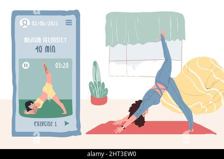 Flat cartoon woman character doing yoga pose,sports online app use vector illustration concept Stock Vector