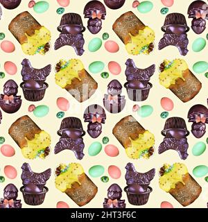 Seamless Easter pattern with cakes, chocolate chickens and painted eggs. Square framing
