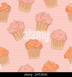 creamy cupcake, seamless pattern with cartoon hand drawn muffins. Stock Vector