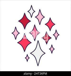 Retro Valentine Day icon stars of diamonds. Love symbol in the fashionable pop line art style. The cute sparks are in soft pink, red, and coral color. Stock Vector