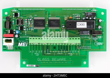 Printed circuit board assembly showing the reverse of a display board of a small dedicated computer unit, used on industrial weighing equipment. Stock Photo