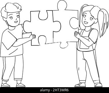 Boy And Girl Kids Playing Puzzle Together Black Line Pencil Drawing ...