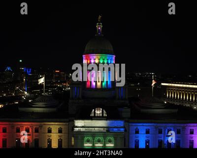 A stunning view of colorful illuminated Rhode Island State House at night Stock Photo