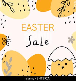 Easter sale banners. Fashionable Eastern design with typography, hand-drawn chicken and eggs. Stock Vector