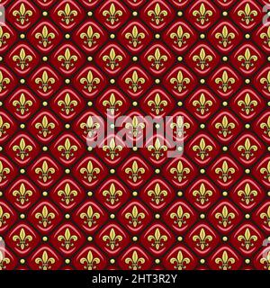 Seamless pattern with red leather upholstery, golden fleur-de-lis. Vector background. Stock Vector