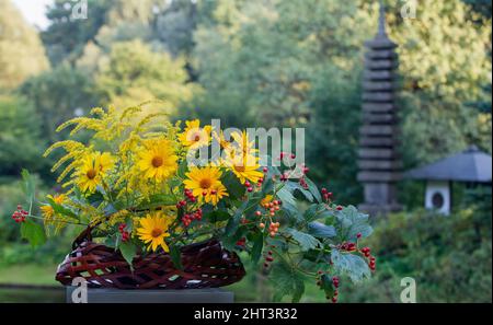 09-01-2017 Moscow, Russia.  Exhibition of ikebana of the association of teachers Sogetsu Ikebana - (Russian branch) in Moscow in the Japanese Garden. Stock Photo