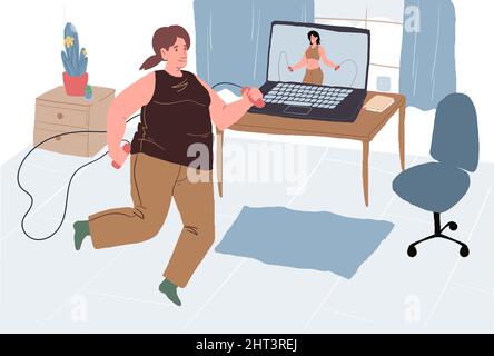 Flat cartoon woman character doing sport activities indoors,sports online app using vector illustration concept Stock Vector