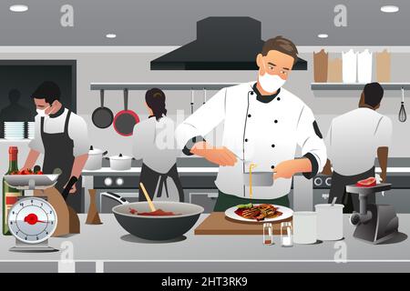 A vector illustration of Professional Chef Wearing Masks in the Kitchen Stock Vector