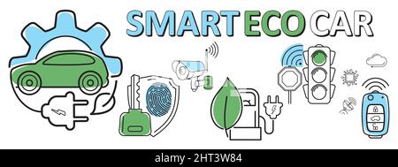 Smart Eco Car banner with icons and machine benefits, electric machine, vehicle. The concept of smart and eco-friendly transport technologies for the Stock Vector